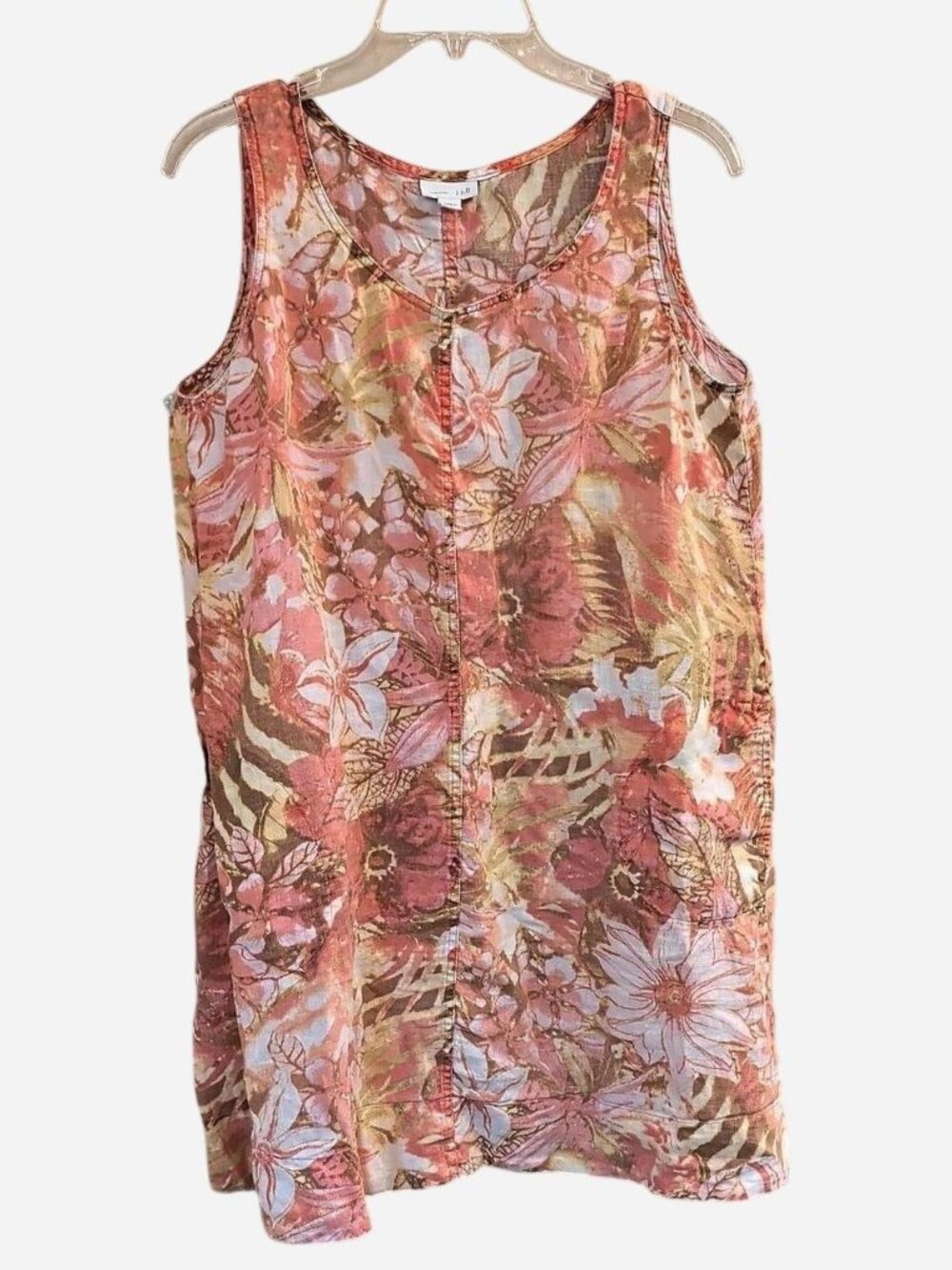 J. Jill Love Linen 100% Linen Floral Tank Dress Top Coral Multicolor Size M